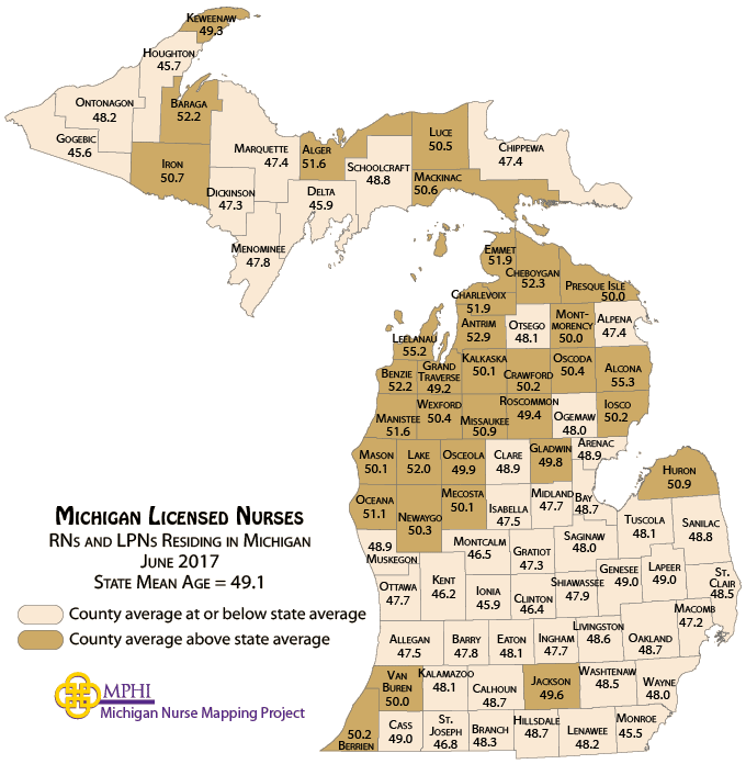 map depicting nurse mean age by county in 2017